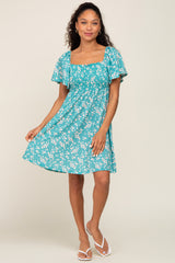 Teal Floral Smocked Dress