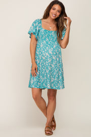 Teal Floral Smocked Maternity Dress