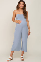 Light Blue Sleeveless Cropped Maternity Jumpsuit