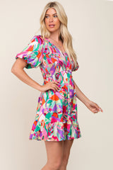 Multi-Color Satin Smocked V-Neck Dress