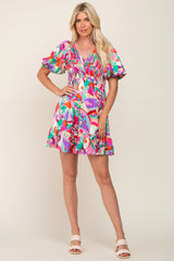 Multi-Color Satin Smocked V-Neck Dress