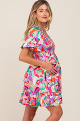 Multi-Color Satin Smocked V-Neck Maternity Dress