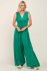 Green Satin V-Neck Side Slit Maternity Jumpsuit