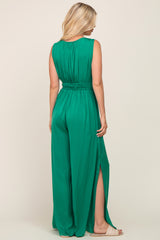 Green Satin V-Neck Side Slit Jumpsuit