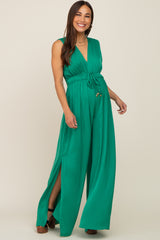 Green Satin V-Neck Side Slit Maternity Jumpsuit