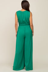 Green Satin V-Neck Side Slit Maternity Jumpsuit