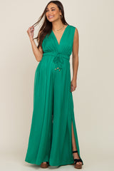 Green Satin V-Neck Side Slit Maternity Jumpsuit