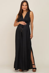 Black Satin V-Neck Side Slit Maternity Jumpsuit