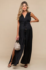 Black Satin V-Neck Side Slit Maternity Jumpsuit