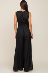 Black Satin V-Neck Side Slit Maternity Jumpsuit