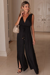 Black Satin V-Neck Side Slit Maternity Jumpsuit