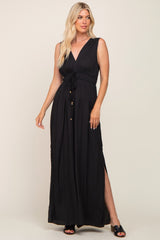 Black Satin V-Neck Side Slit Maternity Jumpsuit