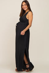 Black Satin V-Neck Side Slit Maternity Jumpsuit