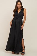 Black Satin V-Neck Side Slit Maternity Jumpsuit