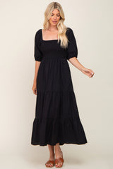 Black Square Neck Smocked Tiered Maxi Dress