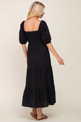 Black Square Neck Smocked Tiered Maxi Dress