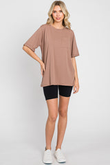 Mocha Oversized Front Pocket Cuffed Short Sleeve Top