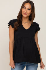 Black Flutter Sleeve V-Neck Maternity Top