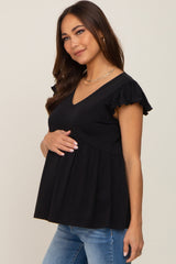 Black Flutter Sleeve V-Neck Maternity Top