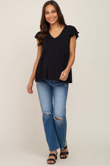 Black Flutter Sleeve V-Neck Maternity Top