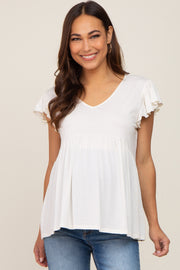 White Flutter Sleeve V-Neck Maternity Top