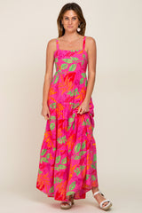 Fuchsia Tropical Leaf Print Maxi Dress