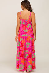 Fuchsia Tropical Leaf Print Maternity Maxi Dress