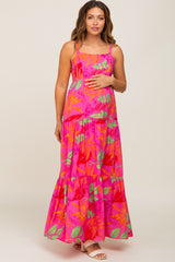 Fuchsia Tropical Leaf Print Maternity Maxi Dress