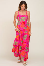 Fuchsia Tropical Leaf Print Maxi Dress