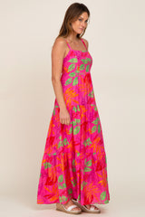 Fuchsia Tropical Leaf Print Maxi Dress