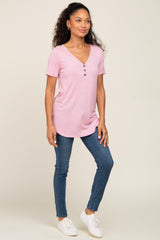 Pink Ribbed Short Sleeve Button Detail Top