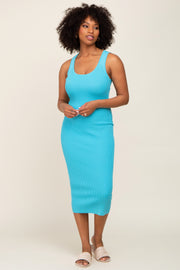 Aqua Ribbed Low Back Cut Out Sleeveless Midi Dress