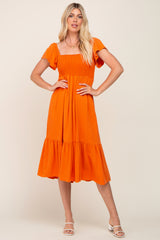 Orange Smocked Ruffle Hem Maternity Midi Dress