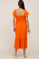 Orange Smocked Ruffle Hem Maternity Midi Dress