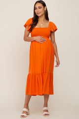 Orange Smocked Ruffle Hem Maternity Midi Dress