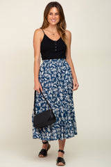 Navy Floral Pleated Midi Skirt