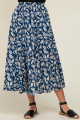 Navy Floral Pleated Midi Skirt