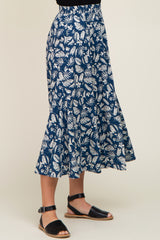 Navy Floral Pleated Midi Skirt