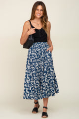 Navy Floral Pleated Midi Skirt