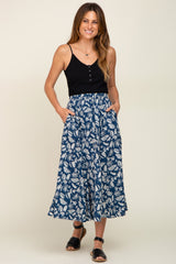 Navy Floral Pleated Midi Skirt