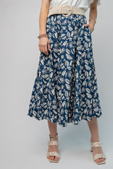 Navy Floral Pleated Midi Skirt