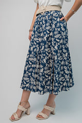 Navy Floral Pleated Midi Skirt