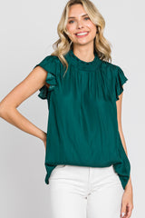 Forest Green Mock Neck Flutter Blouse