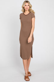 Brown Striped Side Slit Fitted Midi Dress