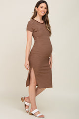 Brown Striped Side Slit Fitted Maternity Midi Dress