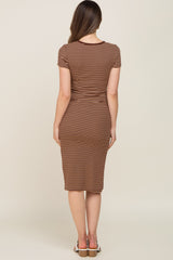 Brown Striped Side Slit Fitted Maternity Midi Dress