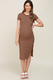 Brown Striped Side Slit Fitted Maternity Midi Dress