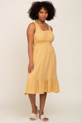 Yellow Gauze Smocked Waist Lettuce Trim Midi Dress