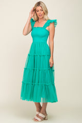 Jade Smocked Mesh Ruffle Accent Midi Dress