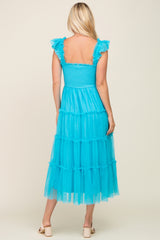 Turquoise Smocked Mesh Ruffle Accent Midi Dress